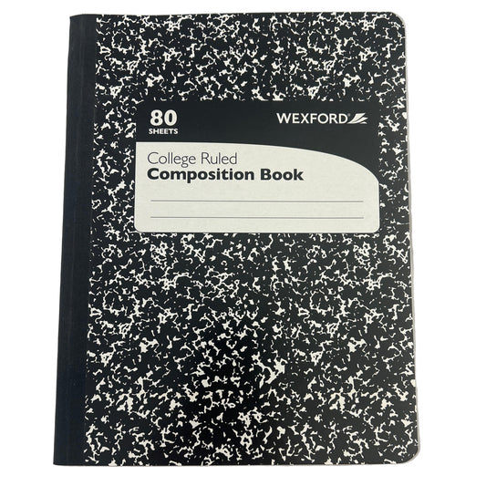 Wexford composition book with black and white speckled cover on a white background