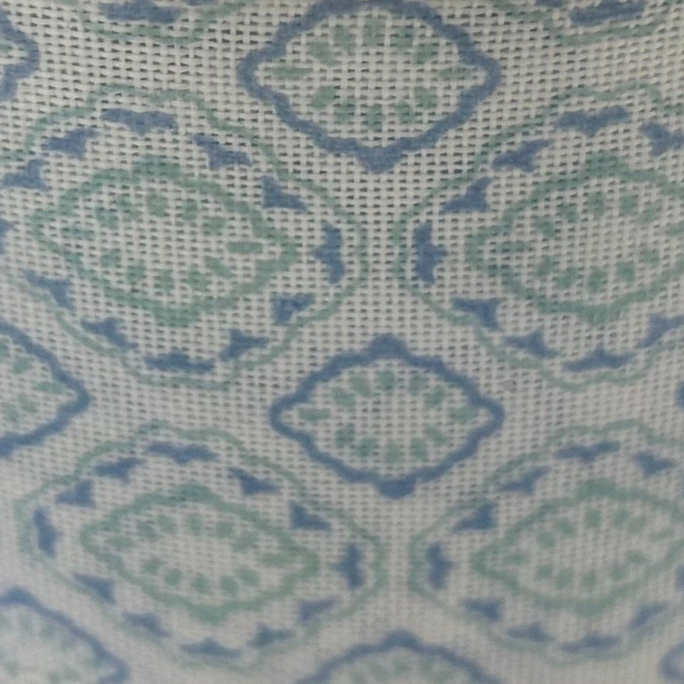 Close-up of a fabric with a blue and green geometric pattern