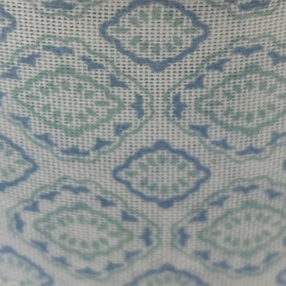 Close-up of a fabric with a blue and green geometric pattern