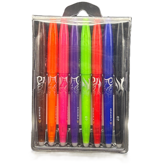 Set of five colorful pens in a clear packaging on a white background