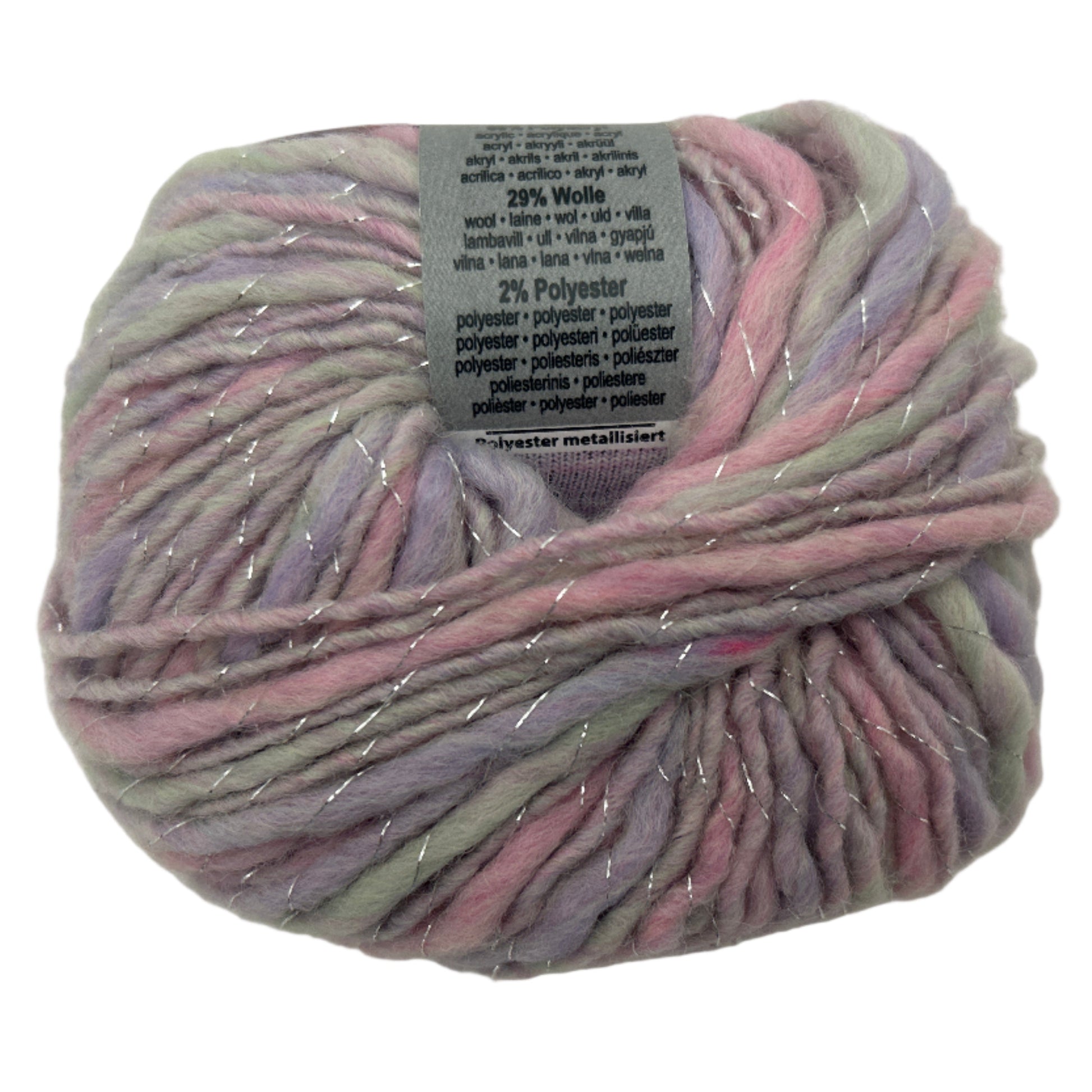 Multicolored yarn ball with a label on a white background
