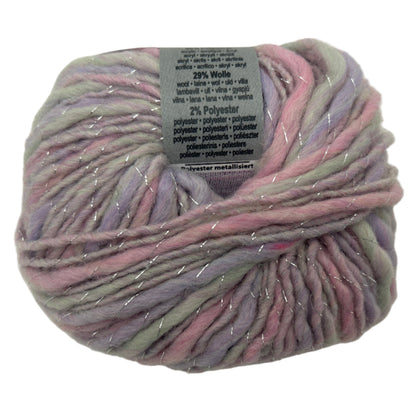Multicolored yarn ball with a label on a white background