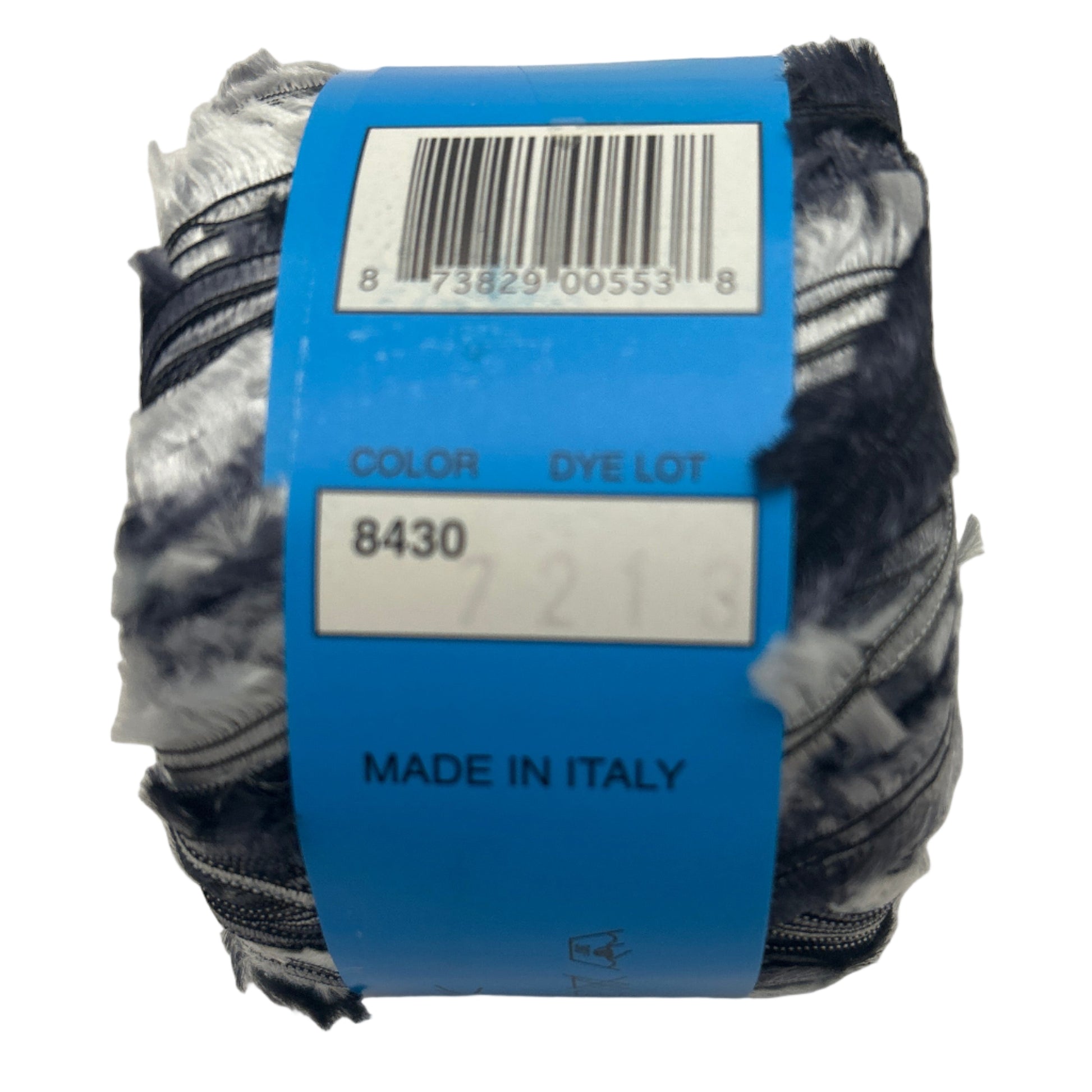 Yarn ball with a blue label on a white background