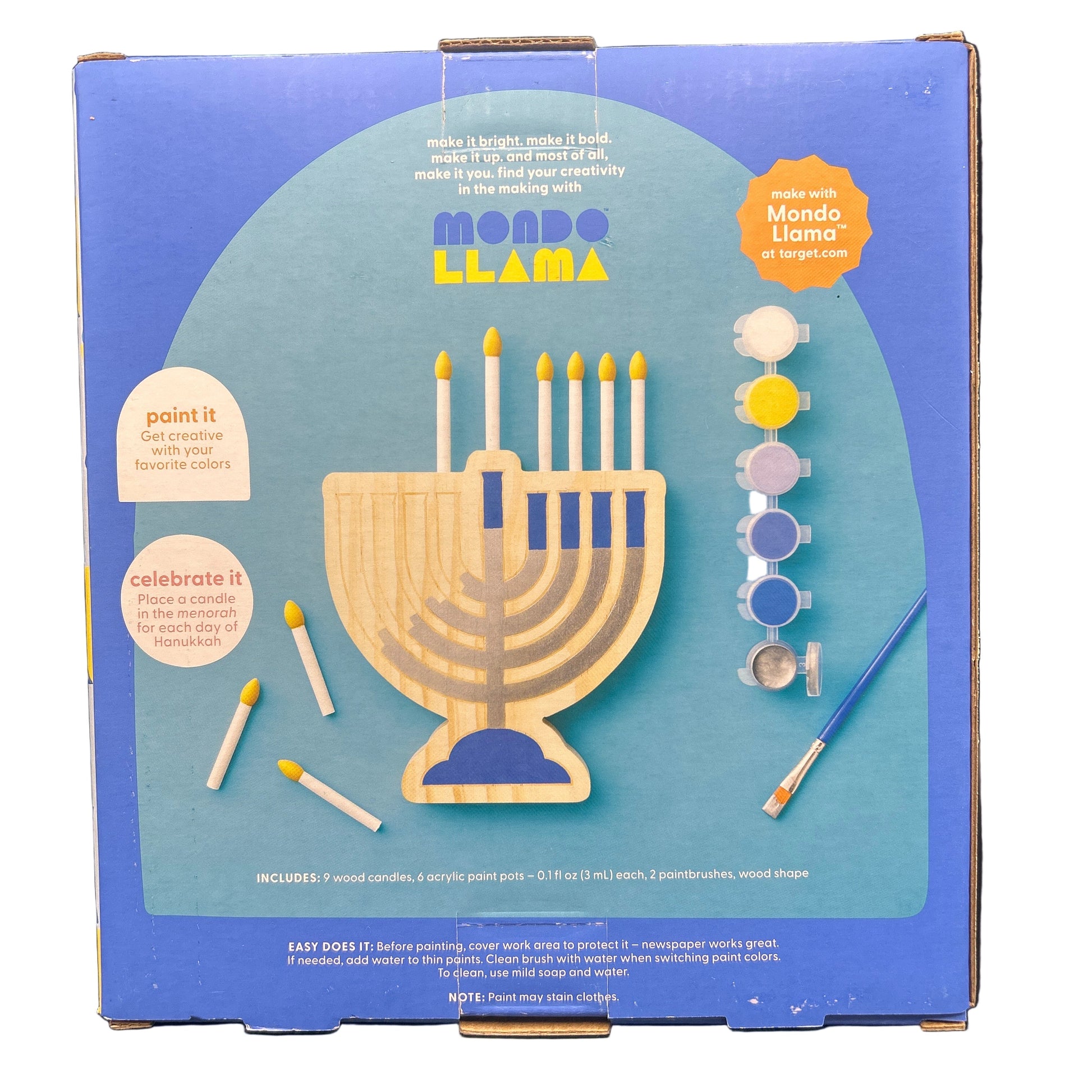 Mondo Llama menorah craft kit packaging on a white background