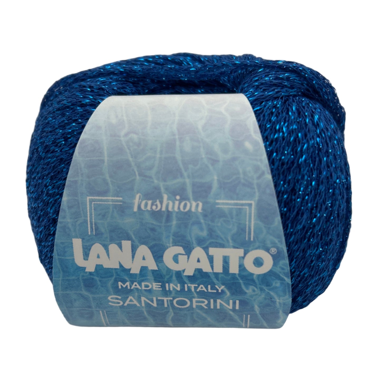 Blue yarn ball with a label on a light gray background