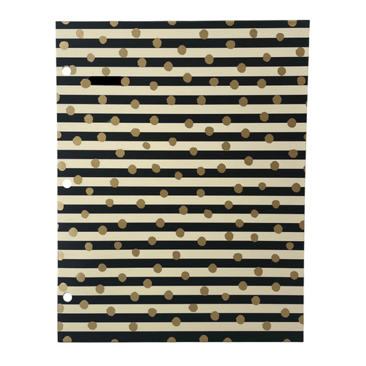 Notebook with black and beige striped cover featuring gold polka dots on a white background