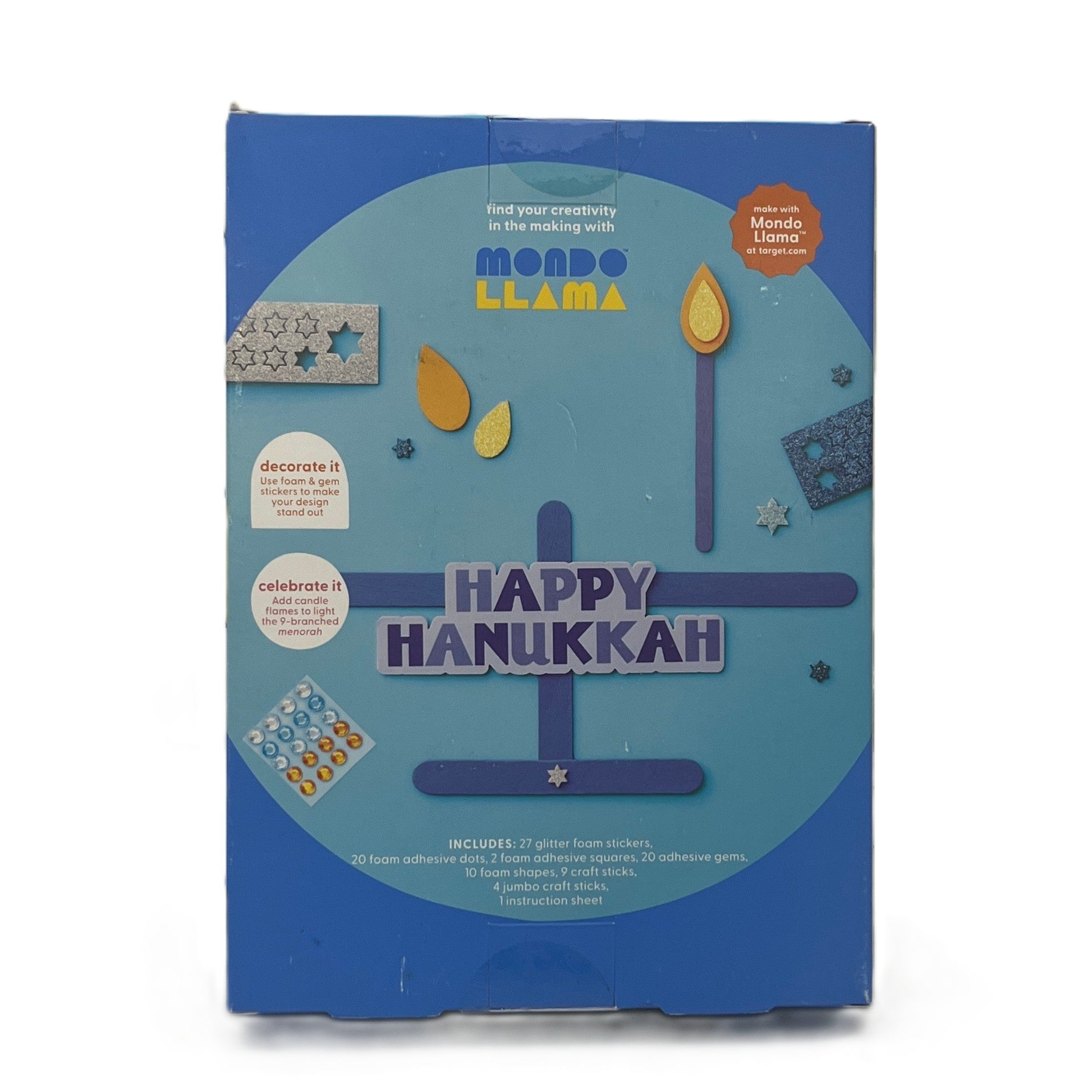Packaging for a Hanukkah craft kit with decorative elements and text.