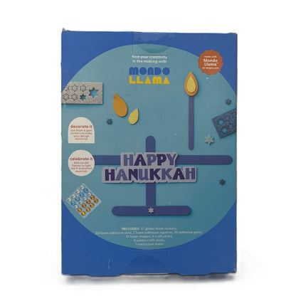 Packaging for a Hanukkah craft kit with decorative elements and text.