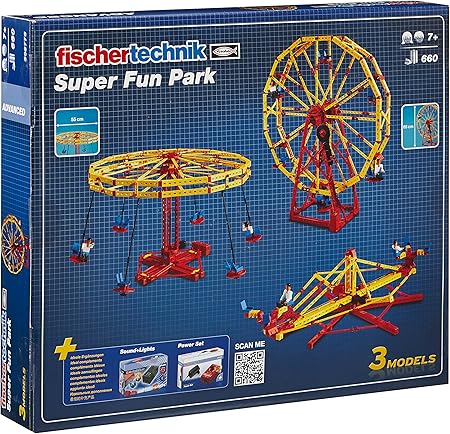 fischertechnik Super Fun Park toy set packaging with Ferris wheel and roller coaster models.