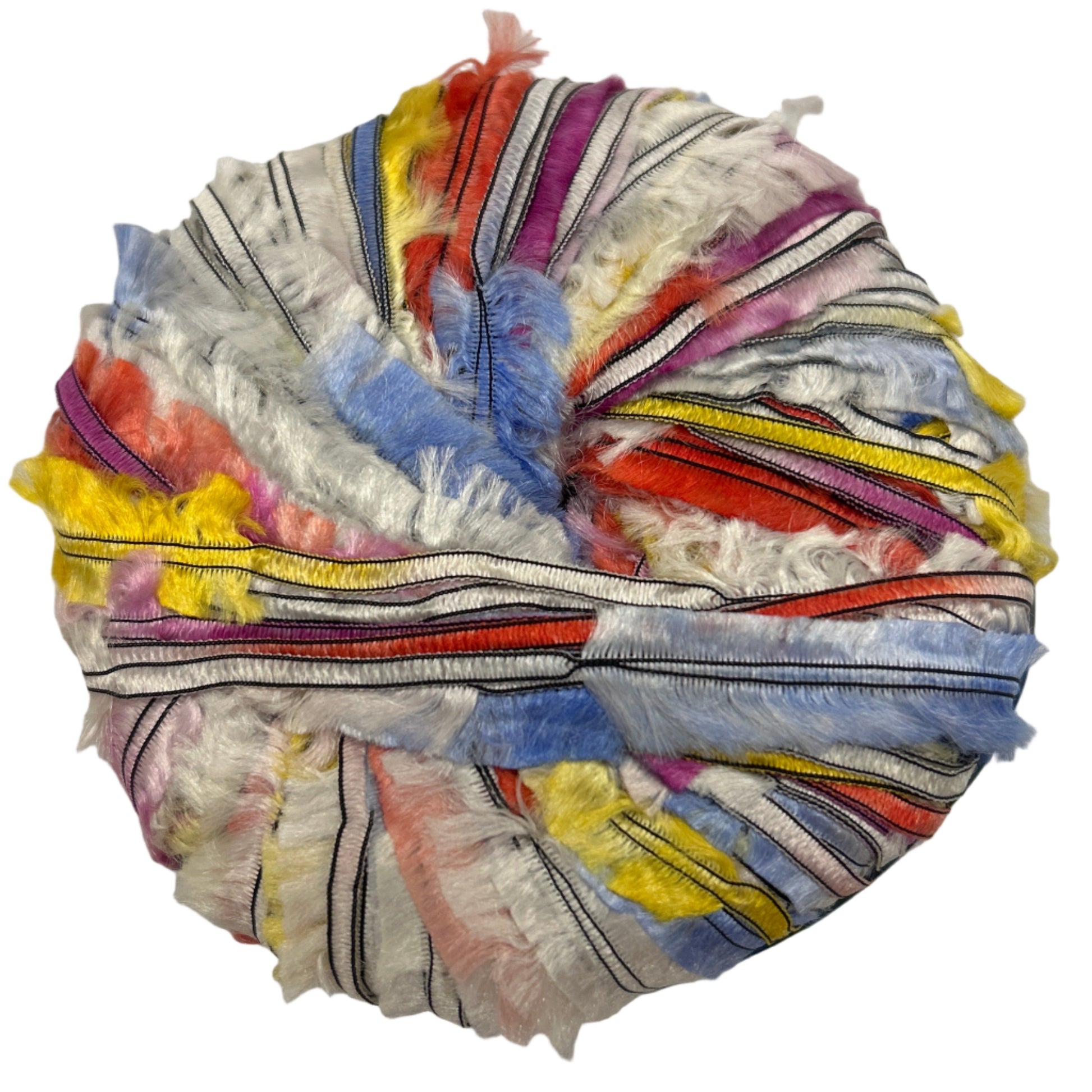 Colorful yarn ball with multicolored strands on a white background