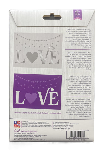 Cardboard packaging with 'LOVE' design and purple heart on a white background