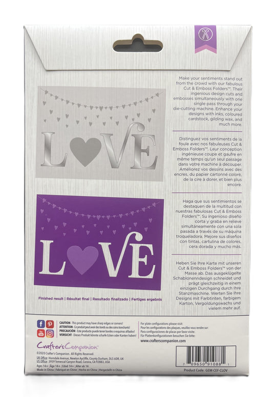 Cardboard packaging with 'LOVE' design and purple heart on a white background