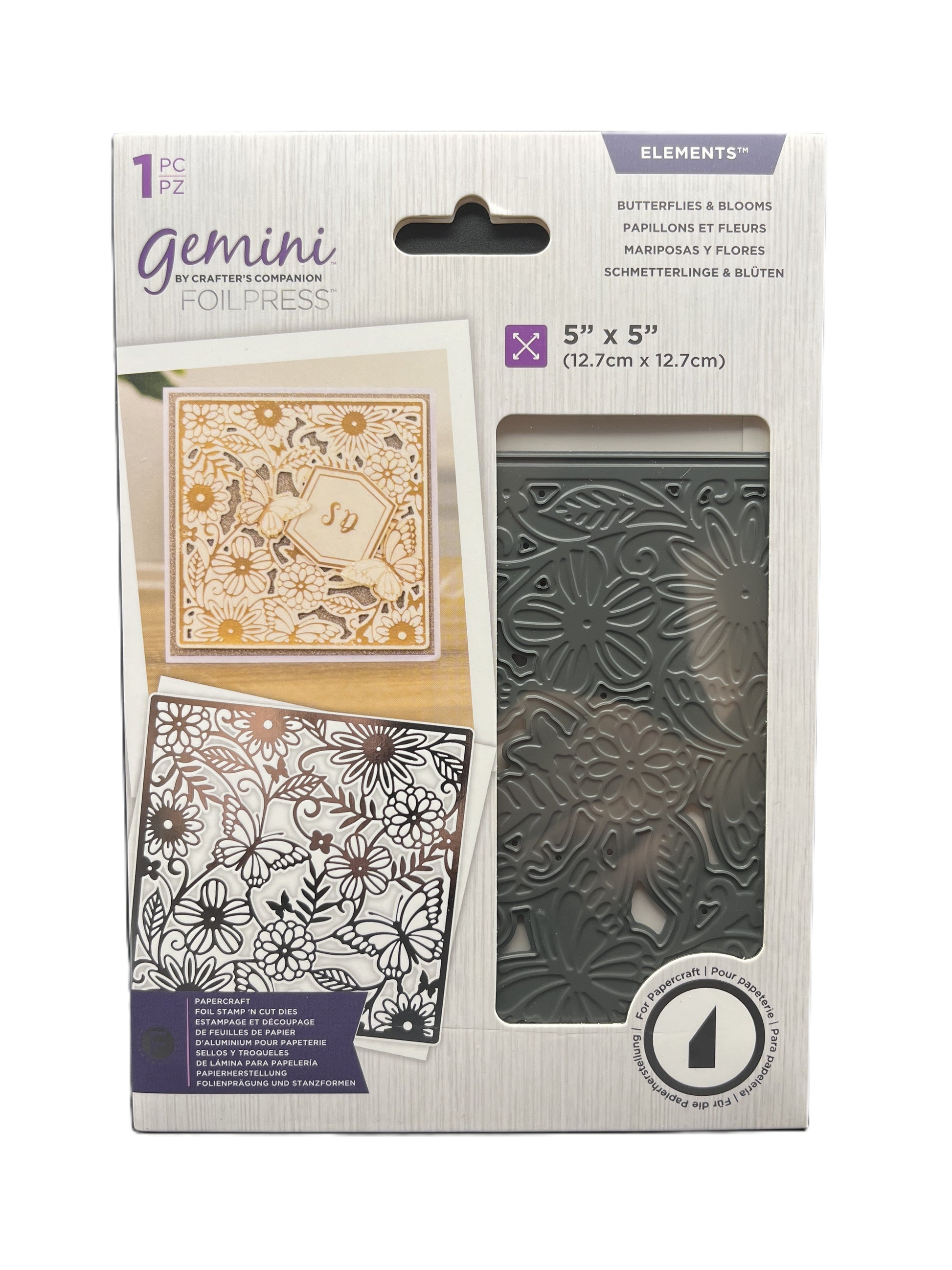 Packaging of Gemini foil press elements with floral designs on a white background