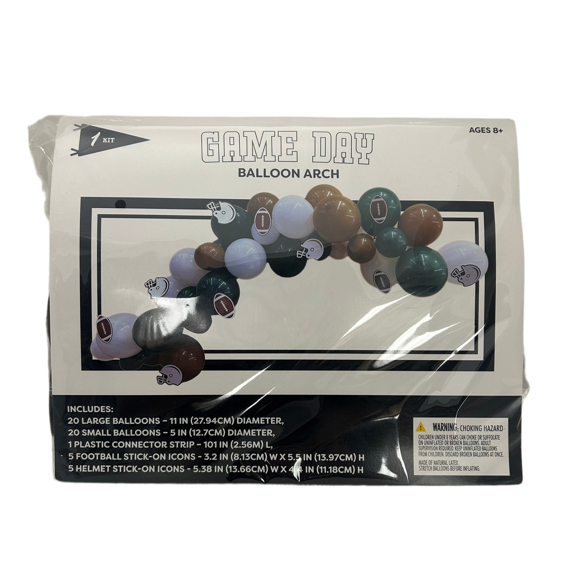 Packaged 'Game Day' balloon arch set with colorful balloons and football-themed icons on a white background.