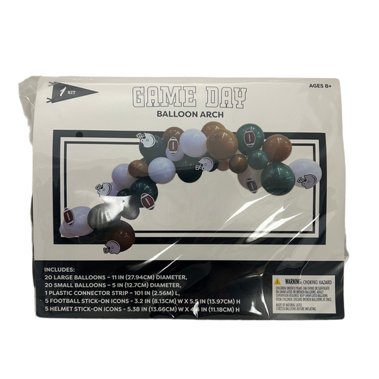 Packaged 'Game Day' balloon arch set with colorful balloons and football-themed icons on a white background.