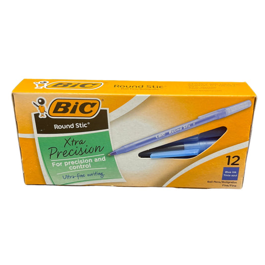 Box of BIC Round Stic pens with a pen on a white background