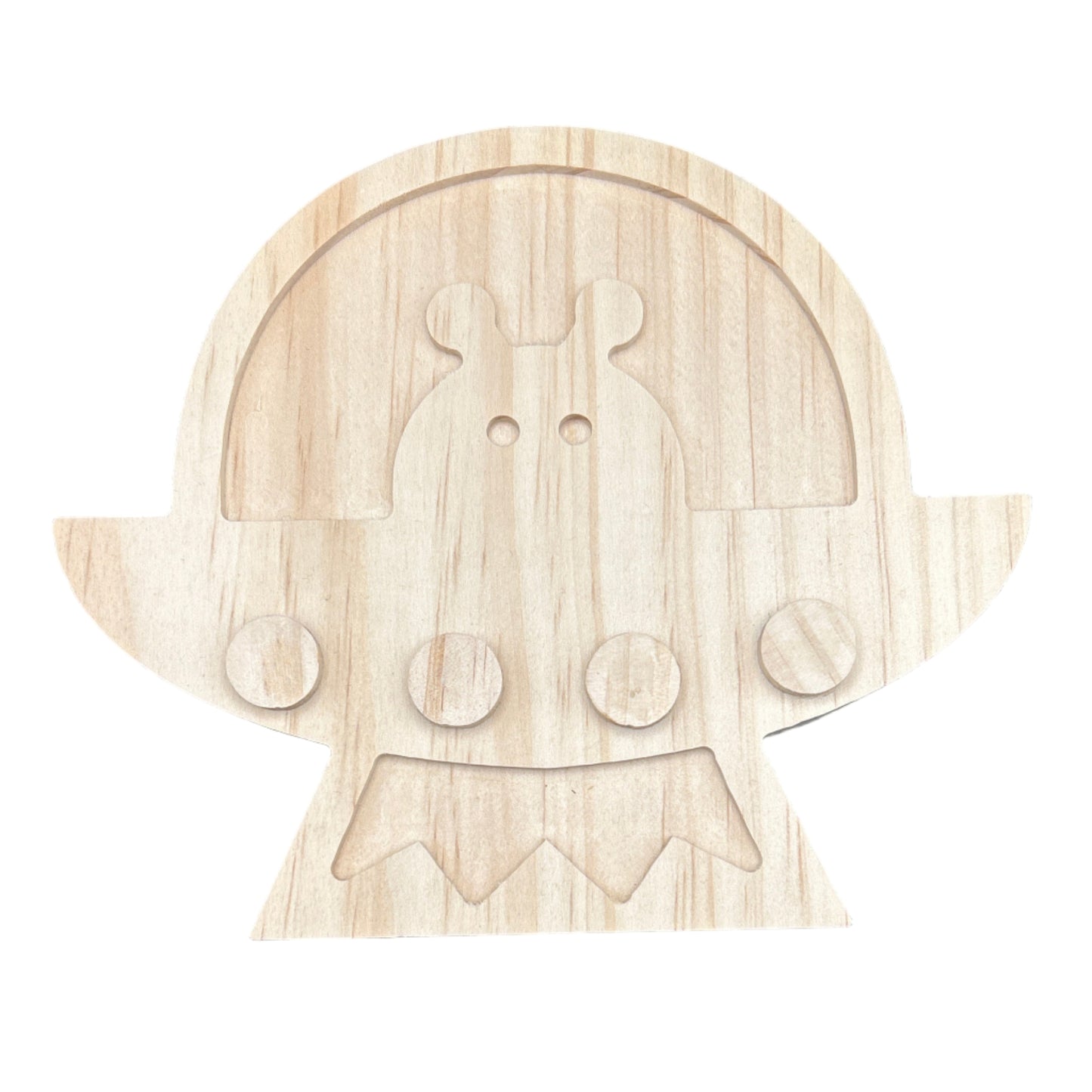 Wooden toy figure of a character with a neutral expression on a white background
