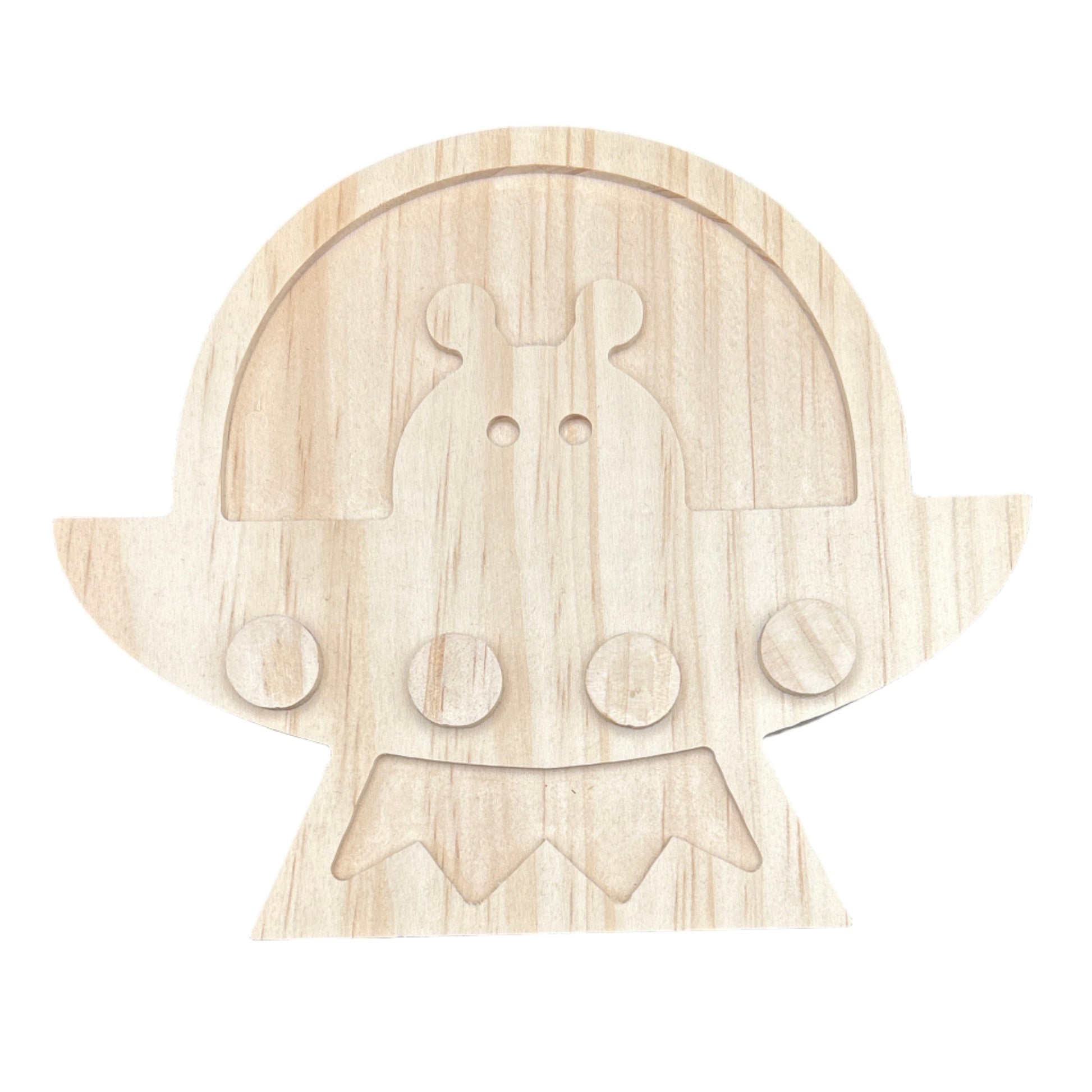 Wooden toy figure of a character with a neutral expression on a white background