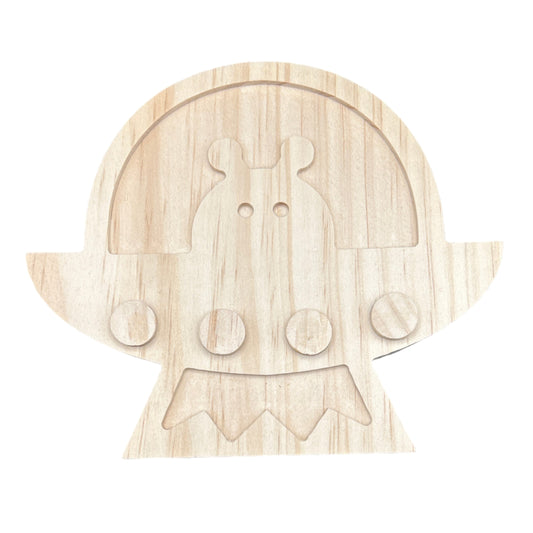Wooden toy figure of a character with a neutral expression on a white background