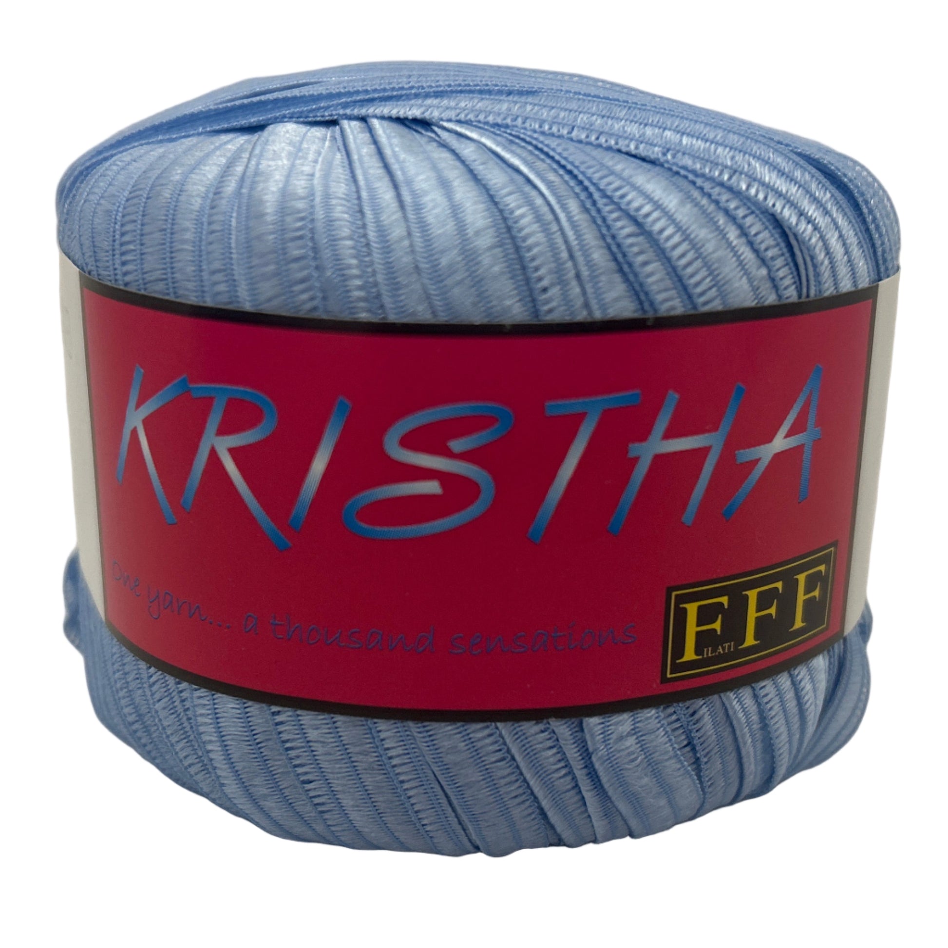 Blue skein of yarn with a red label on a white background