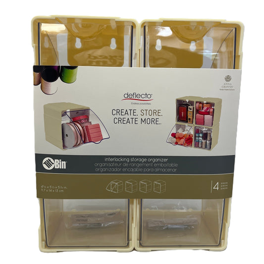 Deflecto interlocking storage organizer packaging with beige and clear design.