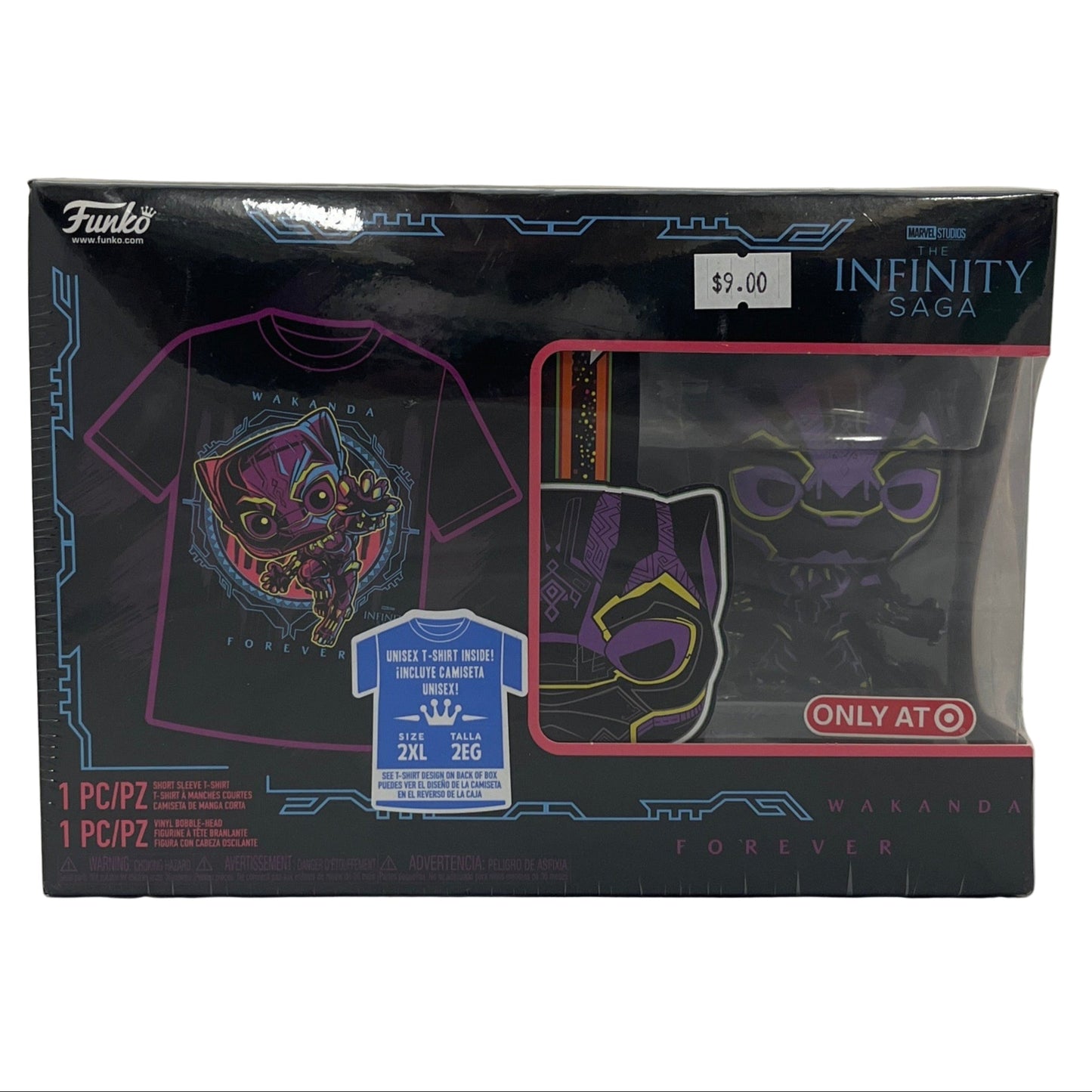 Funko pop packaging with t-shirt and mask for 'The Infinity Saga' featuring Wakanda Forever.