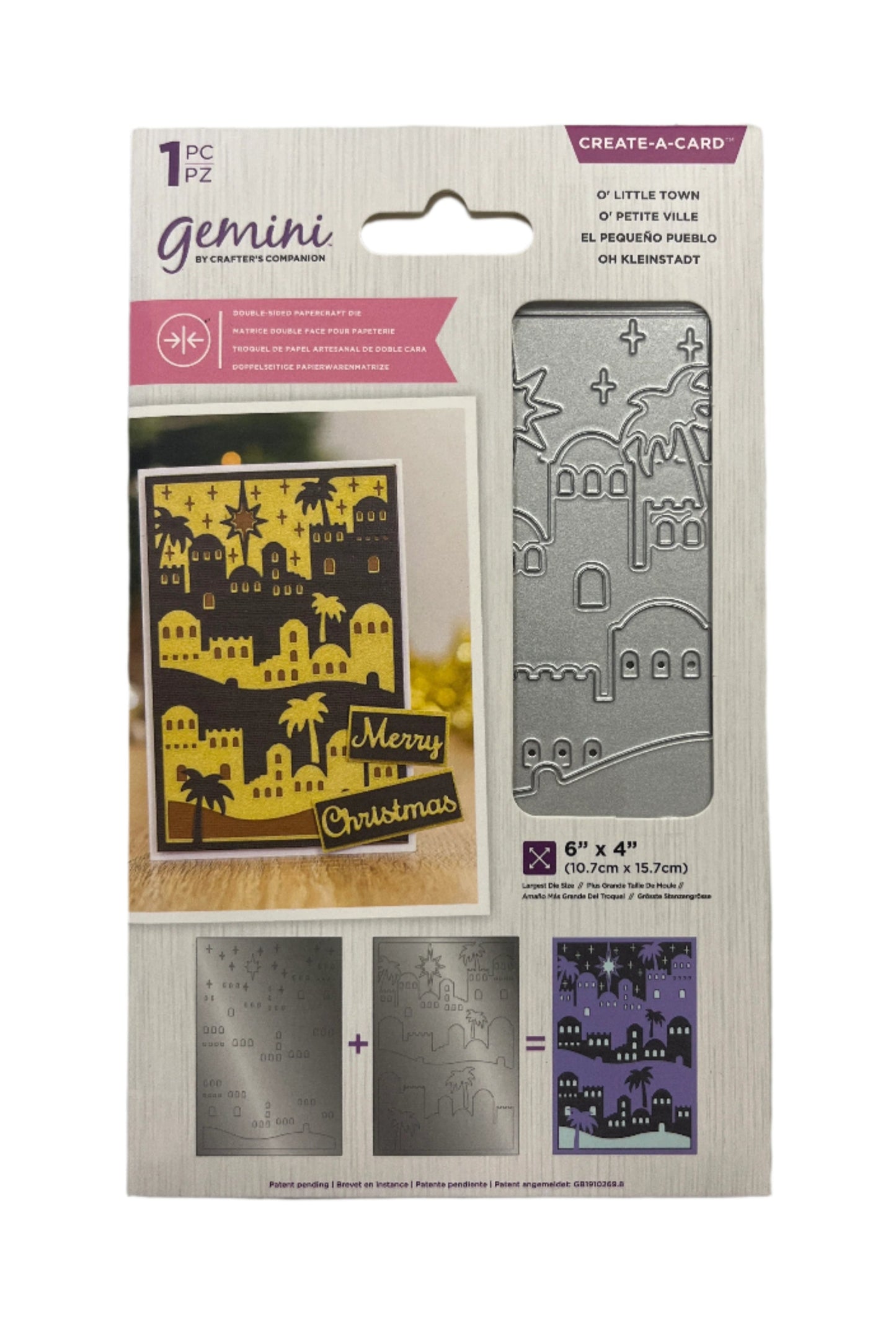 Packaging of Gemini die-cutting tool with decorative cutout and text on a white background