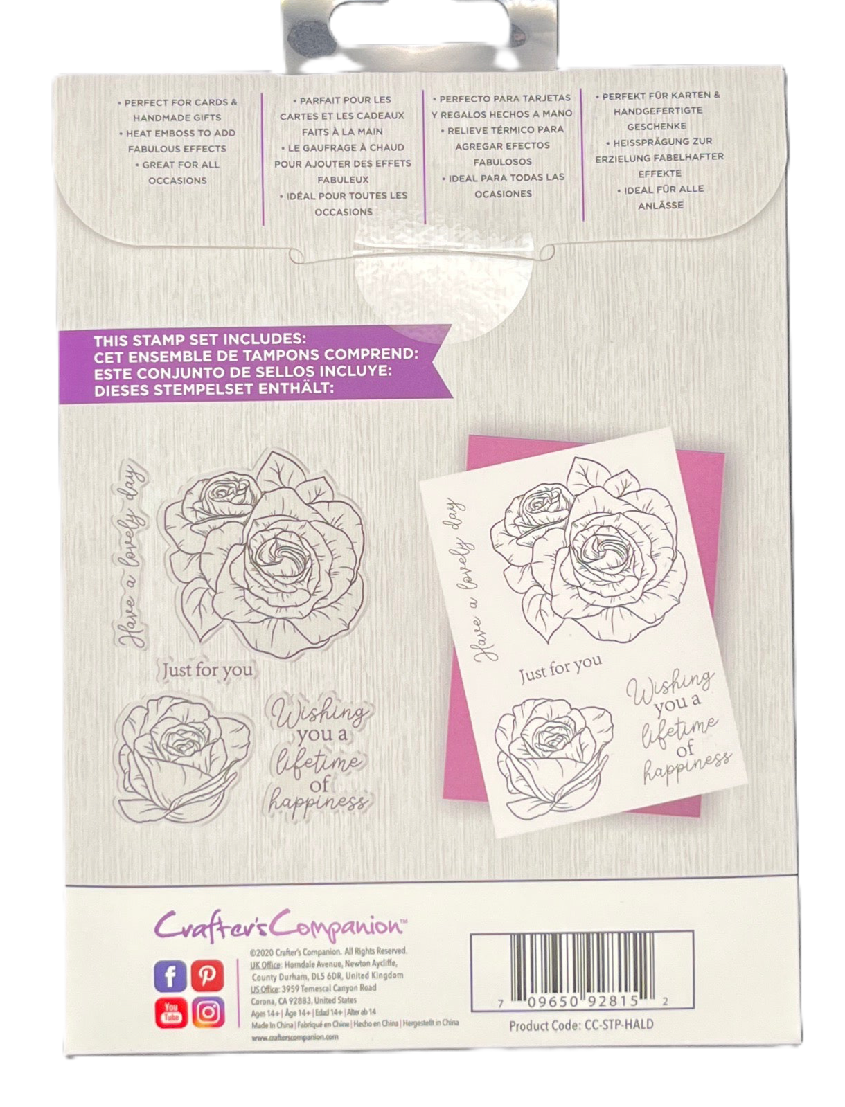 Craft stamp set with rose designs and sentiments on a Crafters Companion packaging.