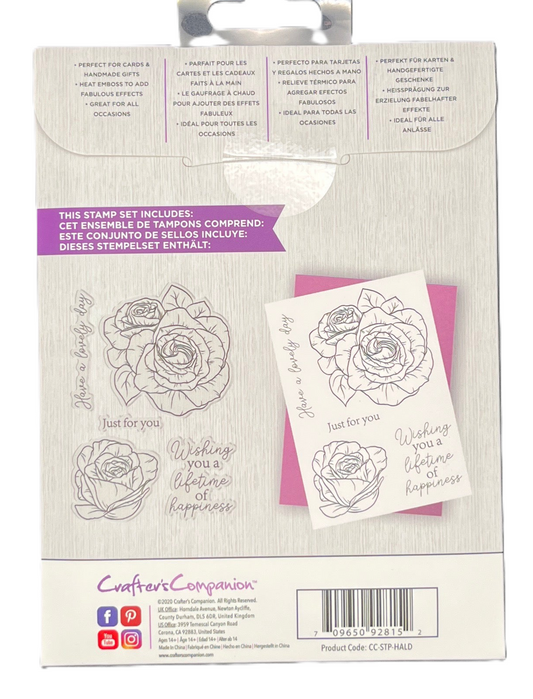 Craft stamp set with rose designs and sentiments on a Crafters Companion packaging.