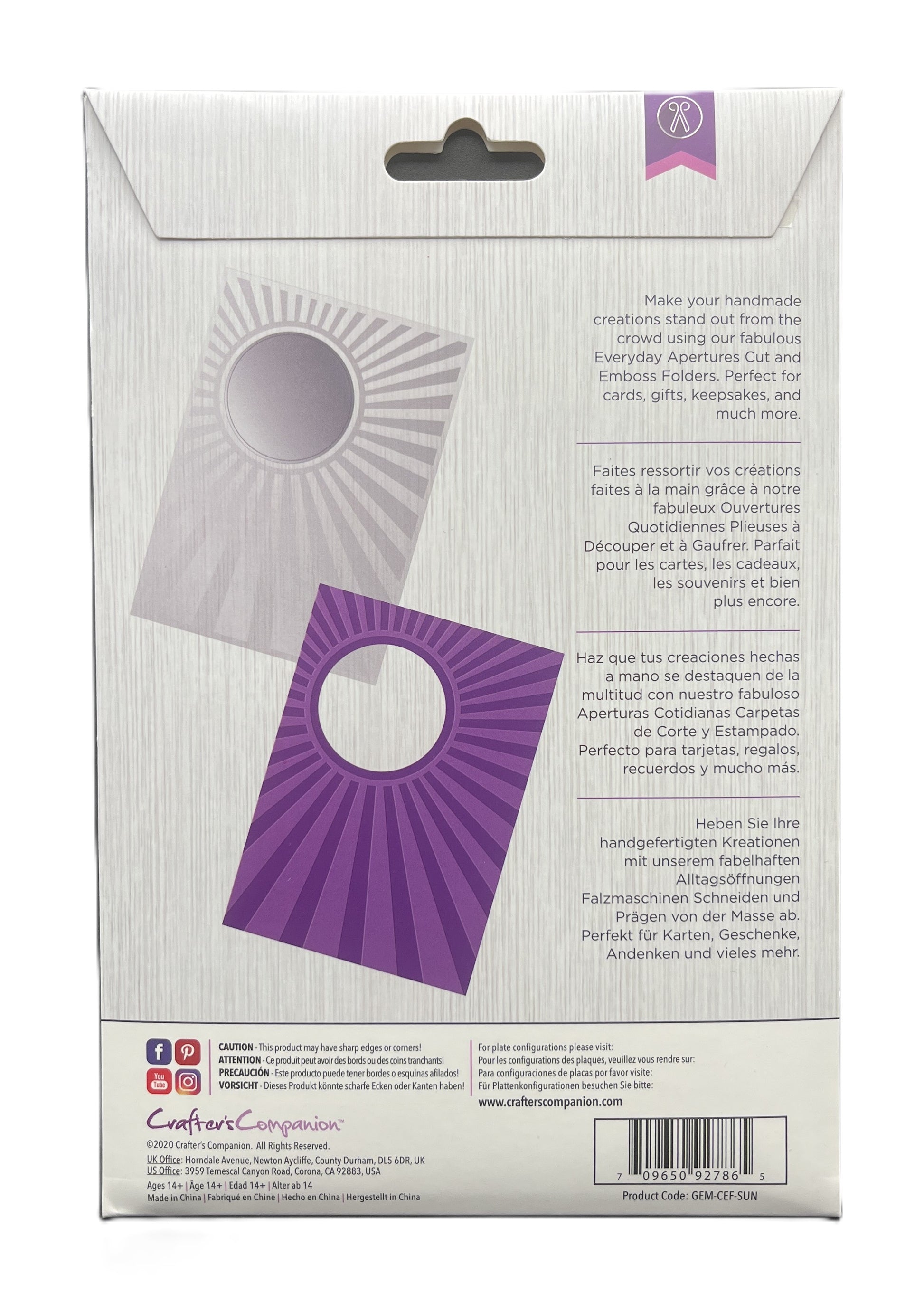 Cardboard envelope packaging with purple and gray sunburst design on a white background
