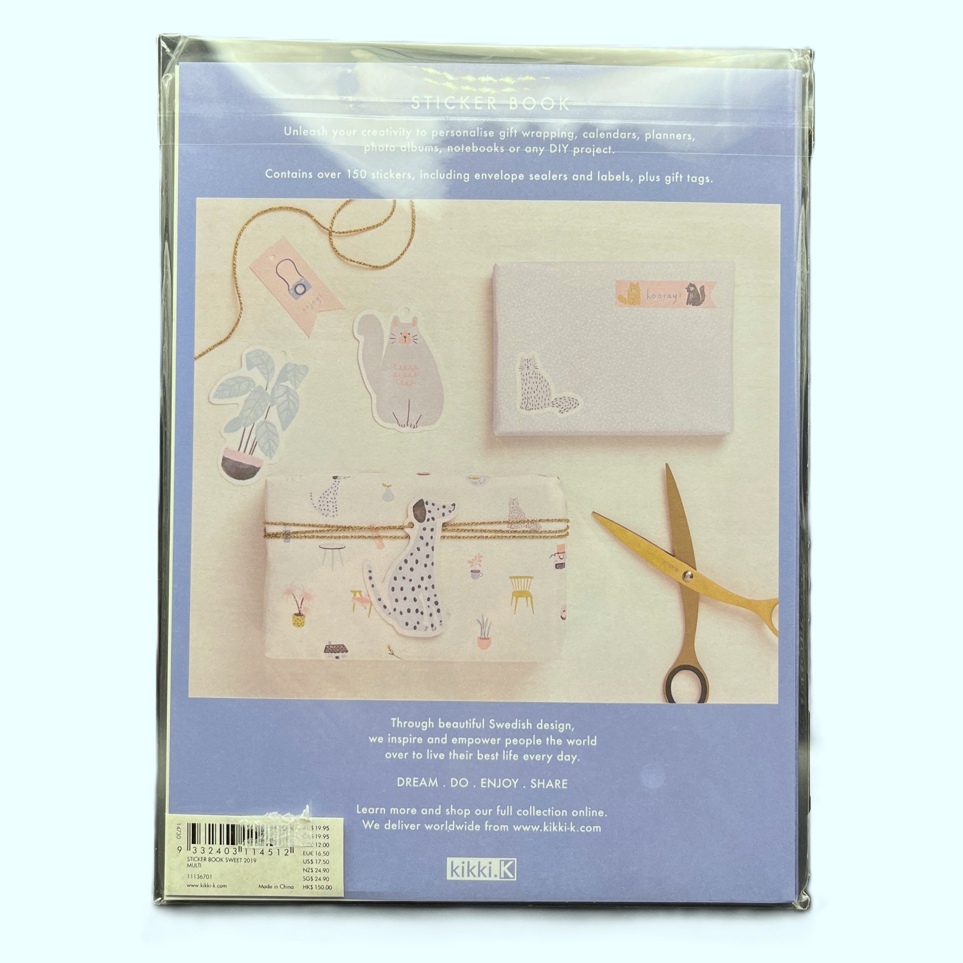 Packaging of stationery items with a cat design on a light blue background
