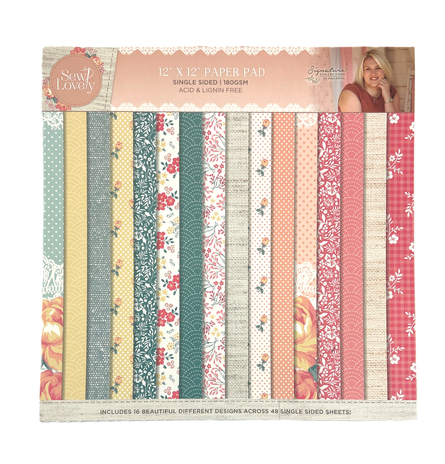 12x12 paper pad with various floral and patterned papers, featuring a woman's face in the corner.