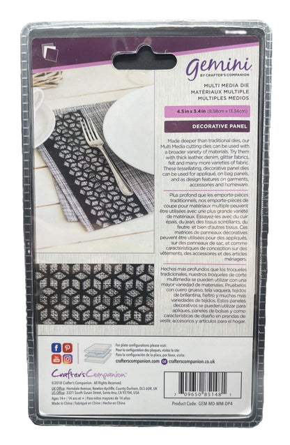 Packaging of a decorative panel with text and images on a white background