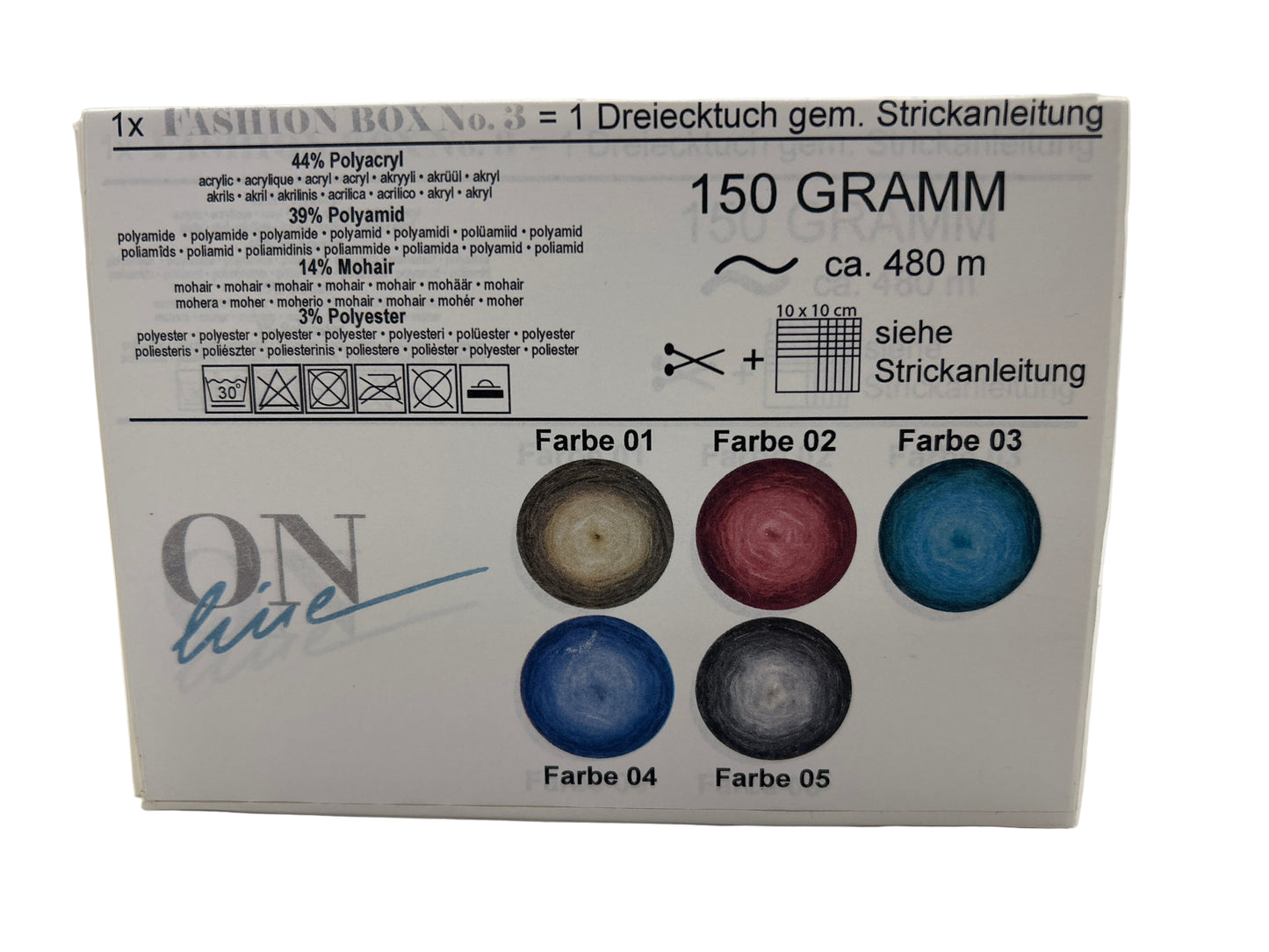 Box of yarn with color swatches and text on a white background