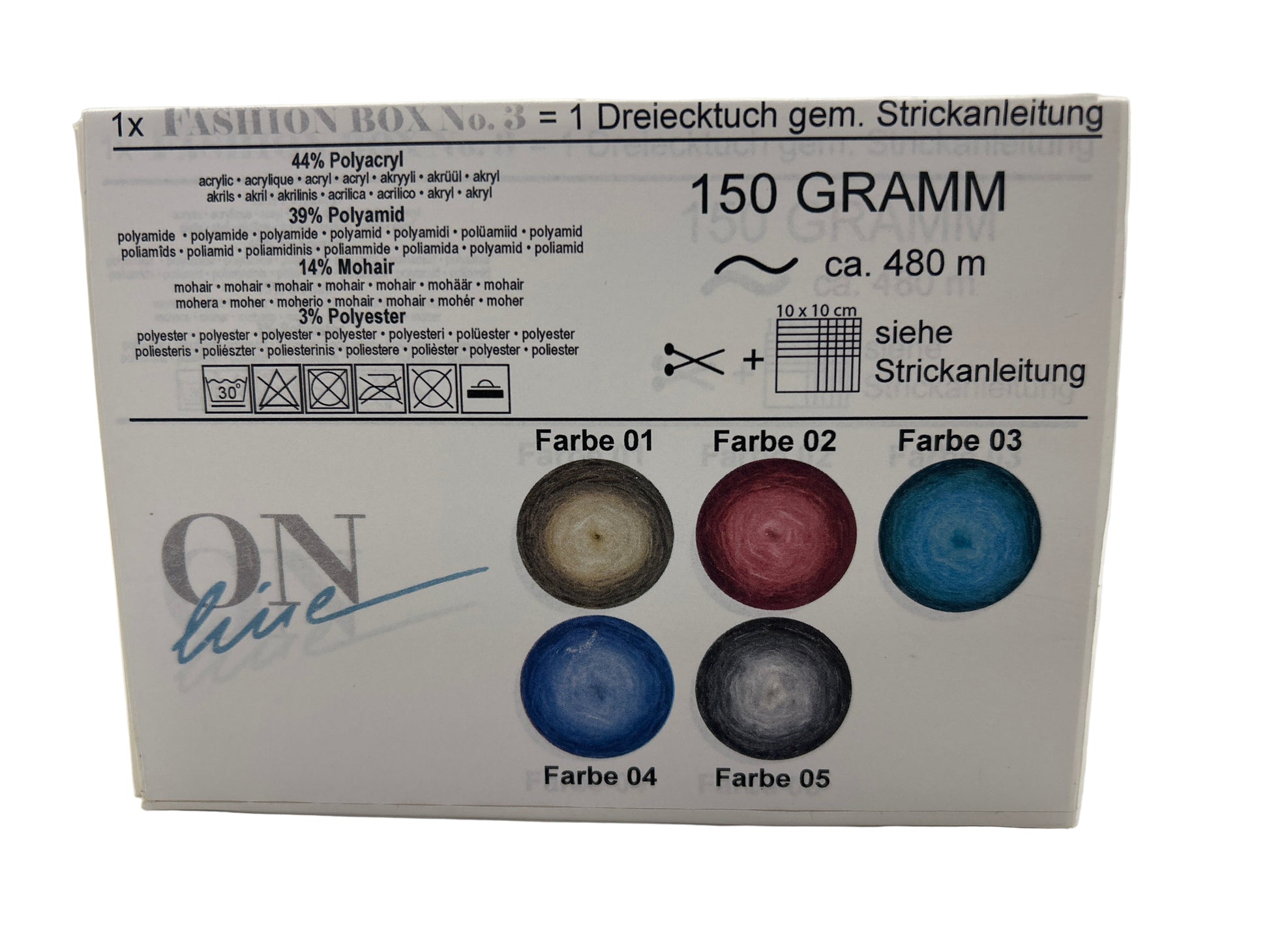 Box of yarn with color swatches and text on a white background