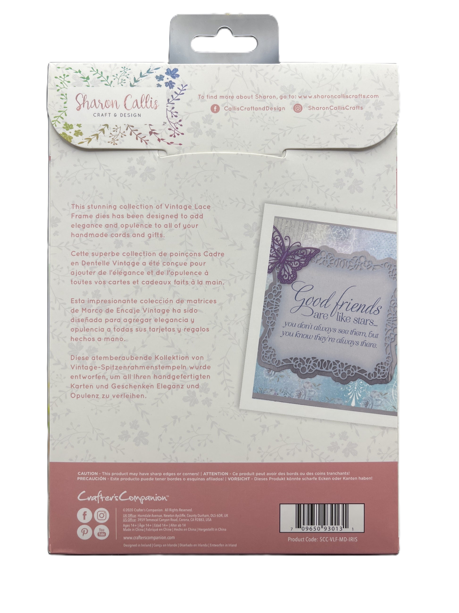 Back of a packaging for a product with text and a small image of a card.