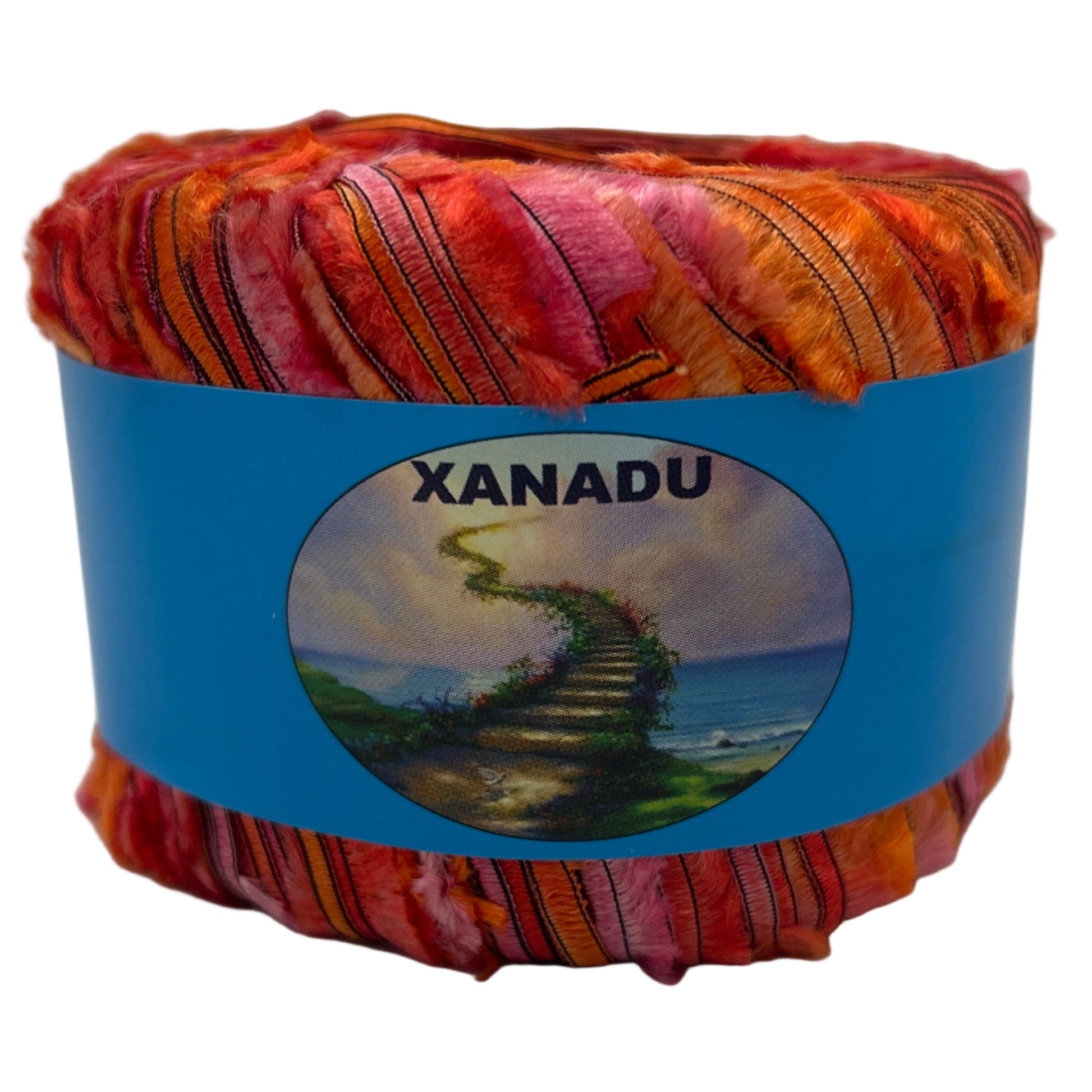 Colorful yarn ball with a blue label featuring the brand 'Xanadu' on a white background