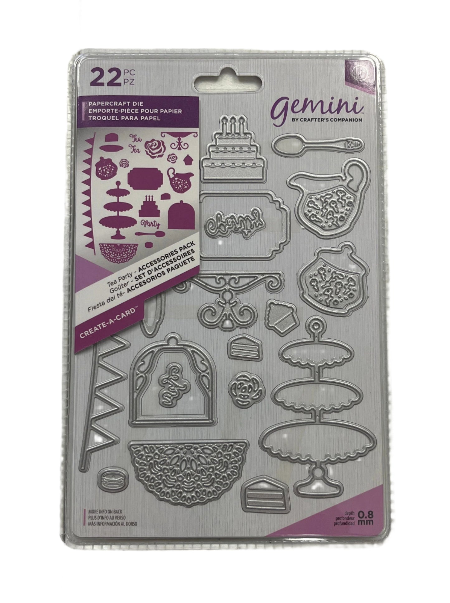 Packaged Gemini paper craft die set with various shapes and designs on a neutral background