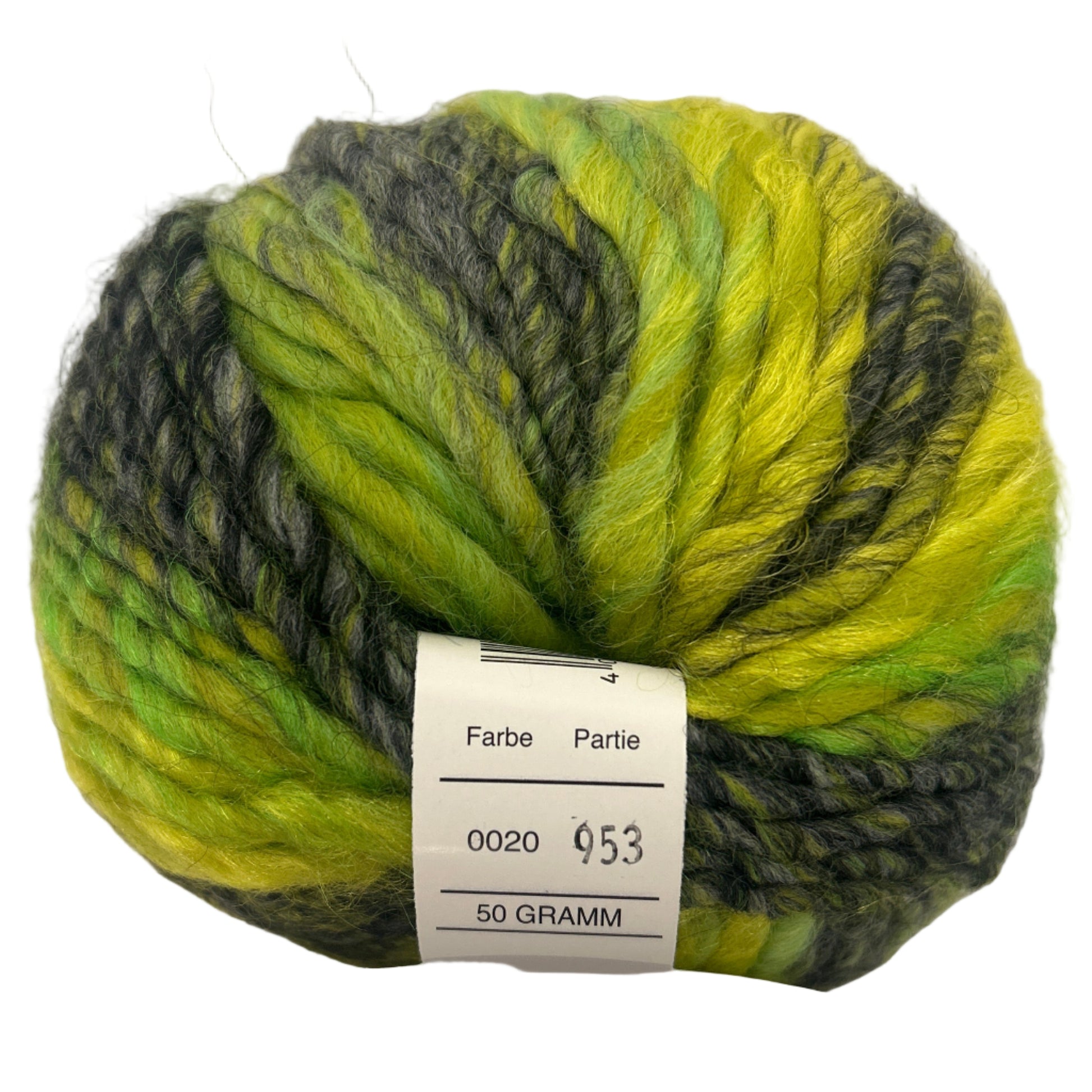 Ball of green and gray yarn with a label on a white background