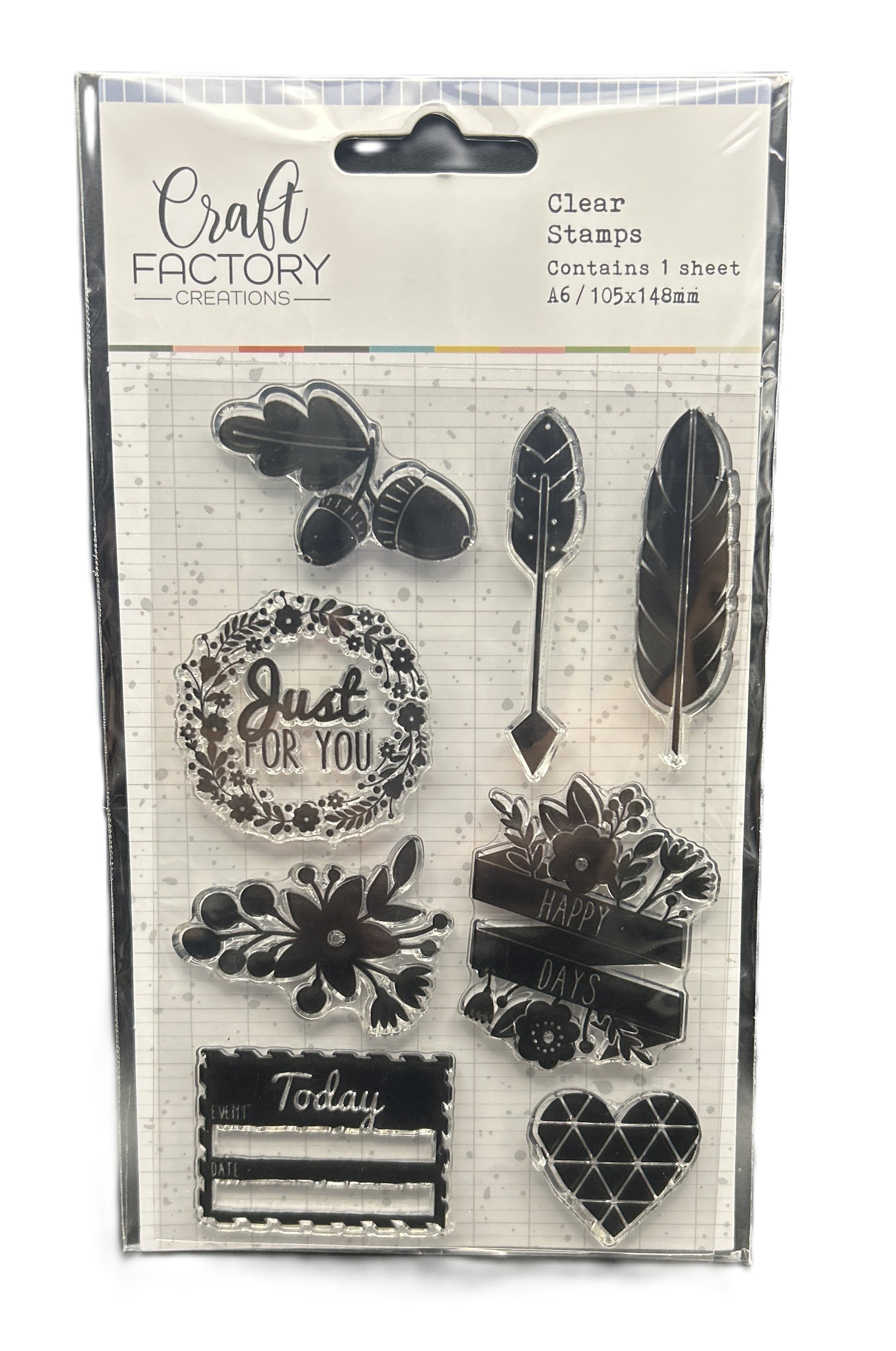 Packaged clear stamps with various designs including feathers, flowers, and text on a white background.