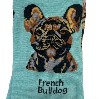 Sock with a French Bulldog design and 'Socks By Lucy' packaging on a white background