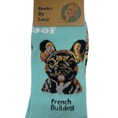 Sock with a French Bulldog design and 'Socks By Lucy' packaging on a white background