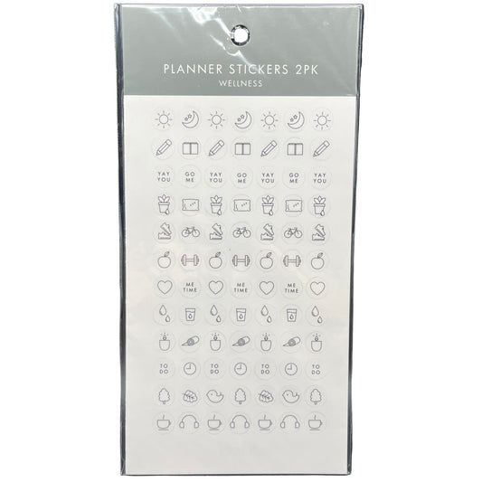 Pack of planner stickers with various icons on a white background