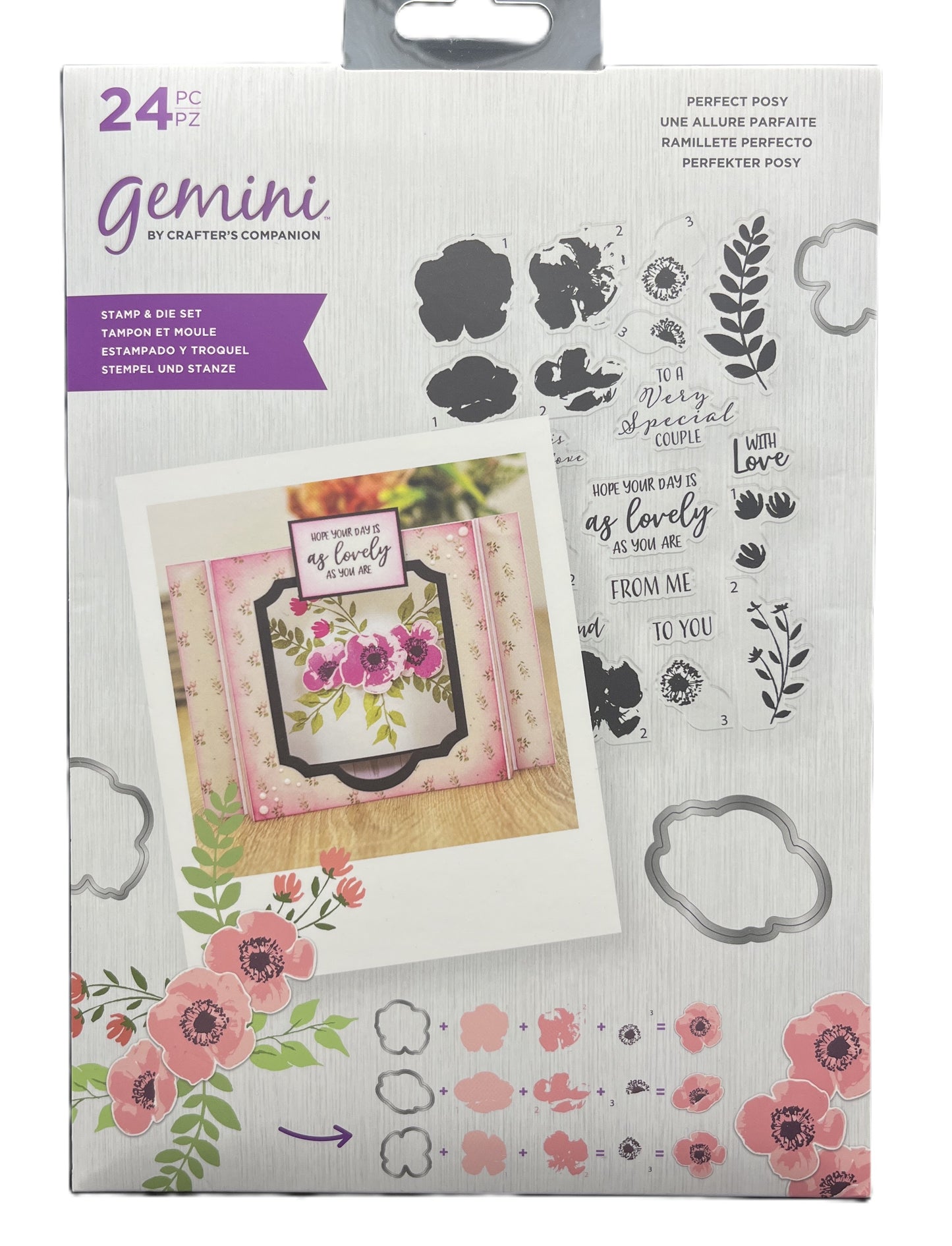 Gemini stamp and die set packaging with floral design and text