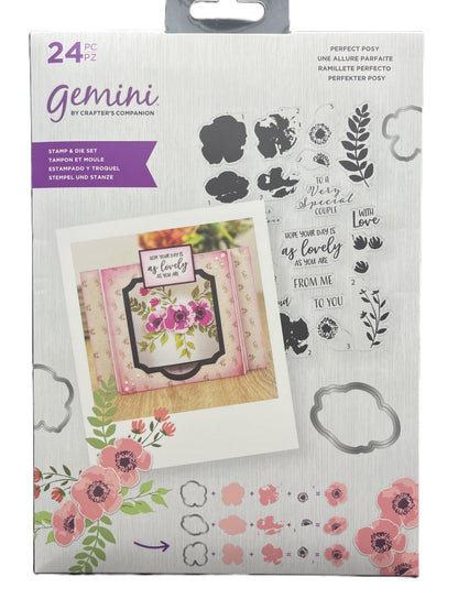 Gemini stamp and die set packaging with floral design and text