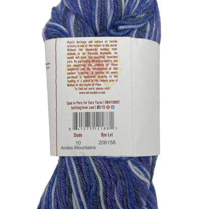 Blue and white striped yarn ball with a label on a white background