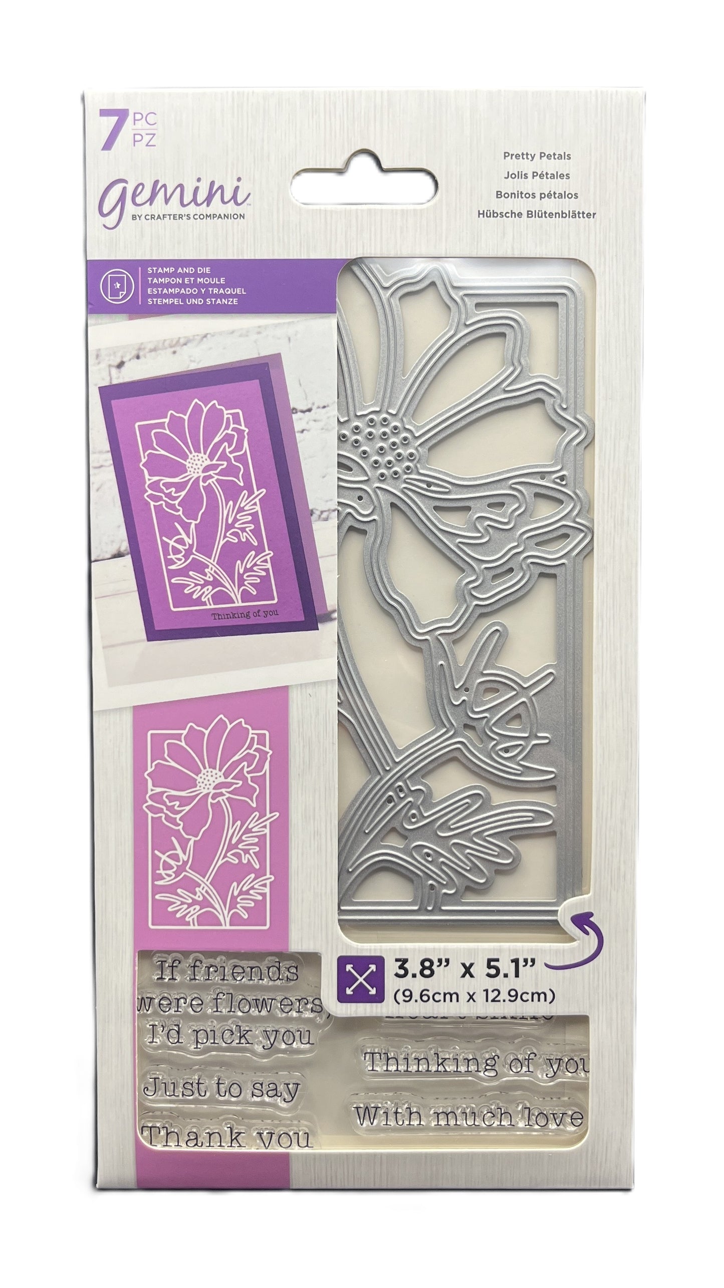 Gemini metal die set packaging with floral designs on a white background