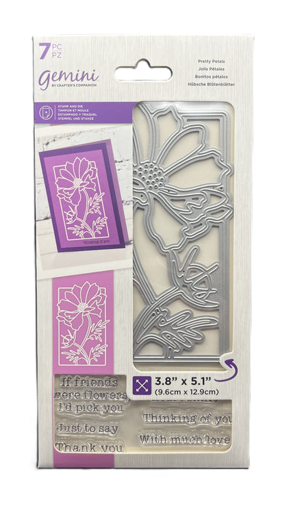 Gemini metal die set packaging with floral designs on a white background