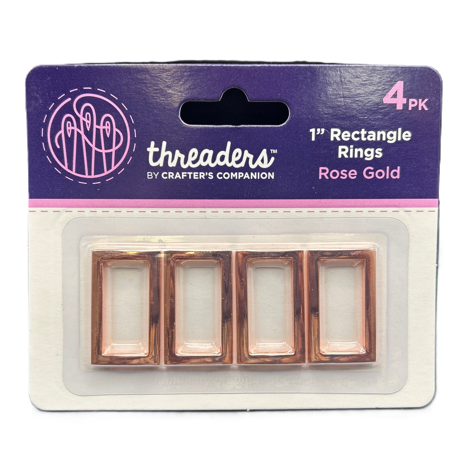 Packaging of 'threaders' rose gold rectangle rings with clear window