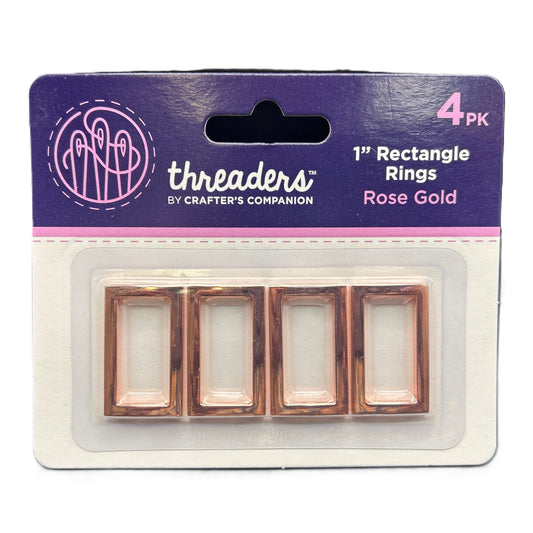 Packaging of 'threaders' rose gold rectangle rings with clear window